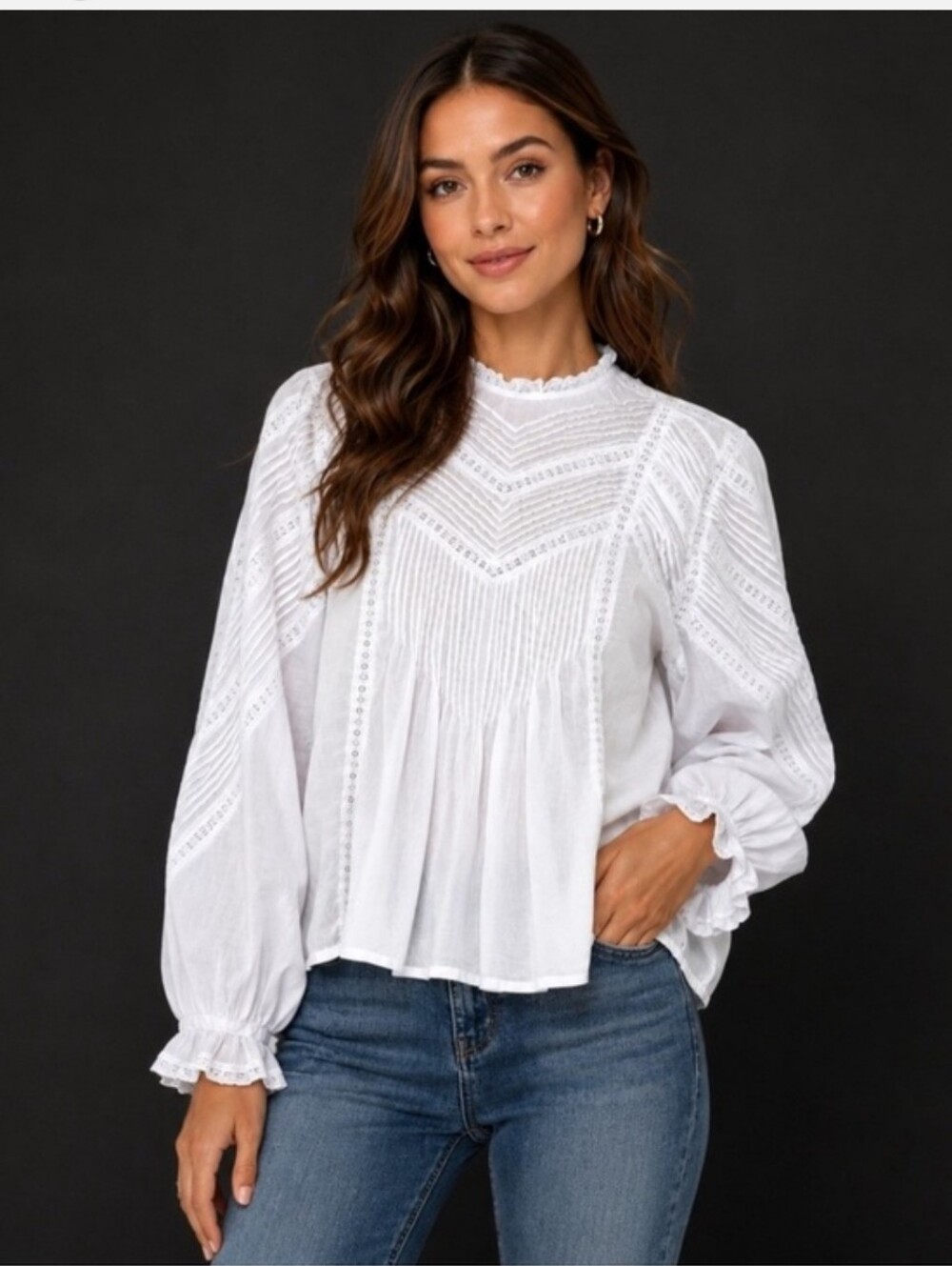 J Crew Lace-trim pintuck top in cotton voile CT101 Size M White